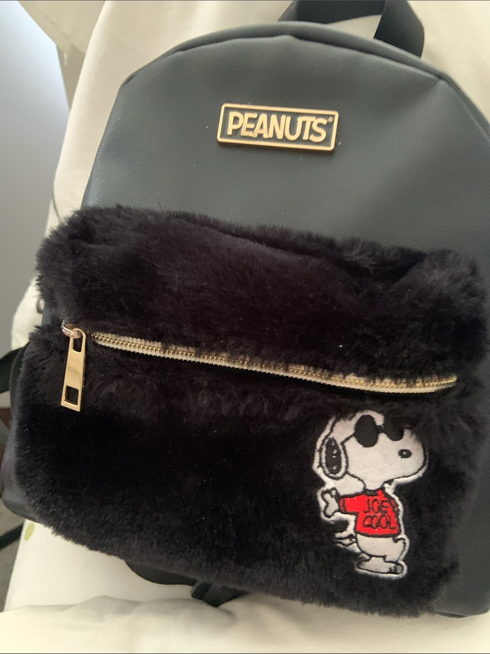 Peanuts Black Faux Fur Snoopy Backpack with Gold Trim